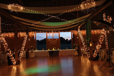 Wedding reception dance floor lights at Cross Keys Barn wedding venue.