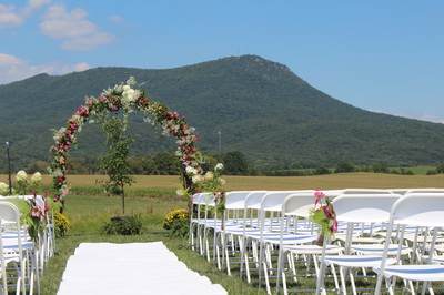 Floral wedding arbor at outside ceremony site overlooking mountains in the Shenandoah Valley, VA.