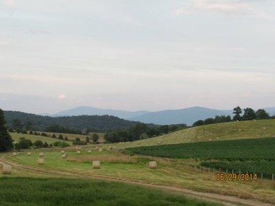Farm fields with hay bales in Shenandoah Valley, Virginia.